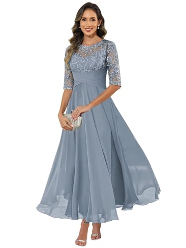 HUINI Damen Brautmutterkleid Chiffon Lang - Spitzen Formales Abendkleid Kleider Halbärmel A-Linie Festliche Für Hochzeit Staubblau 48 von HUINI