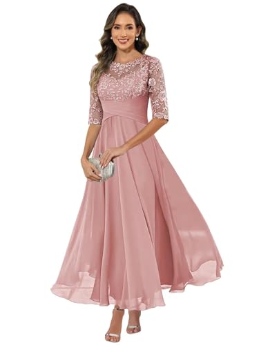 HUINI Damen Brautmutterkleid Chiffon Lang - Spitzen Formales Abendkleid Kleider Halbärmel A-Linie Festliche Für Hochzeit Staubrosa 40 von HUINI