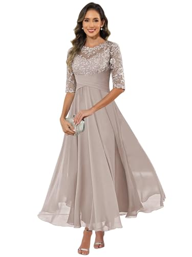 HUINI Damen Brautmutterkleid Chiffon Lang - Spitzen Formales Abendkleid Kleider Halbärmel A-Linie Festliche Für Hochzeit Taupe 42 von HUINI