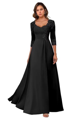HUINI Damen Brautmutterkleid Lang A-Linie Spitzen Mutter des Bräutigams Kleid mit Ärmel Schwarz 40 von HUINI