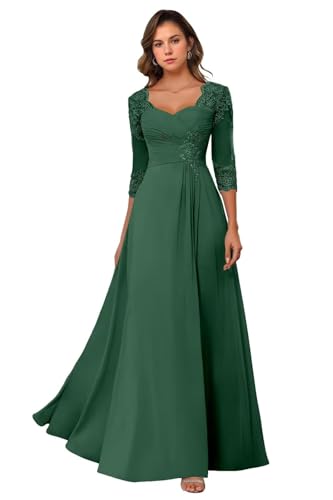 HUINI Damen Brautmutterkleid Lang A-Linie Spitzen Mutter des Bräutigams Kleid mit Ärmel Smaragd 40 von HUINI
