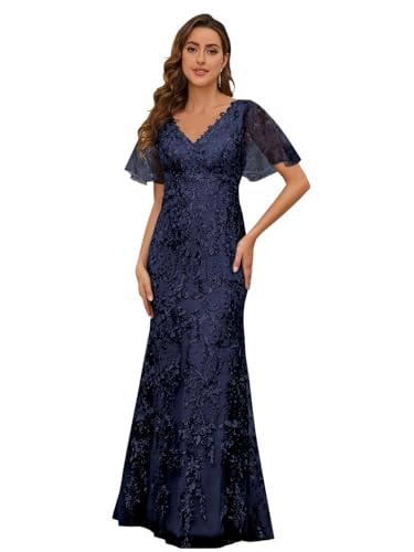 HUINI Damen Brautmutterkleider für Hochzeit Spitze Kurzarm Elegante Meerjungfrau Hochzeit formelles Kleid Abendkleid Marineblau 44 von HUINI