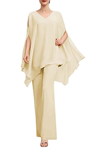 HUINI Damen Chiffon 2 Stück Hosenanzug Mutter der Braut Kleid Set V-Ausschnitt Outfit Hochzeit Gast Champagner 40 von HUINI