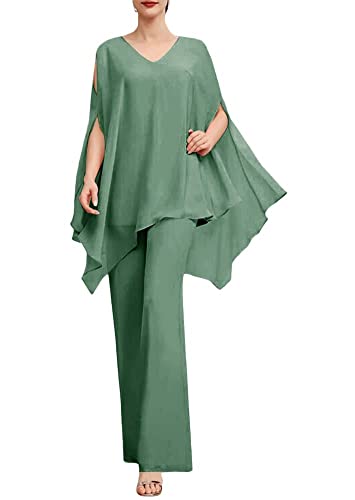 HUINI Damen Chiffon 2 Stück Hosenanzug Mutter der Braut Kleid Set V-Ausschnitt Outfit Hochzeit Gast Salbei 40 von HUINI