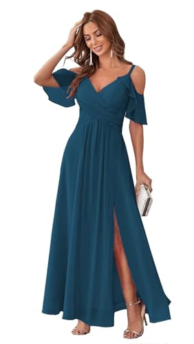 HUINI Damen Chiffon Abendkleid Lang A-Linie Elegant Ballkleid für Hochzeit Brautjungfernkleid mit Schlitz Tinte blau 34 von HUINI