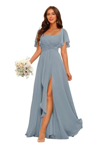 HUINI Damen Chiffon Brautjungfernkleid Lang mit Schlitz Elegant Ballkleid Festliche Partykleid Grau-blau 40 von HUINI