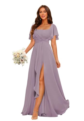 HUINI Damen Chiffon Brautjungfernkleid Lang mit Schlitz Elegant Ballkleid Festliche Partykleid Mauve 40 von HUINI