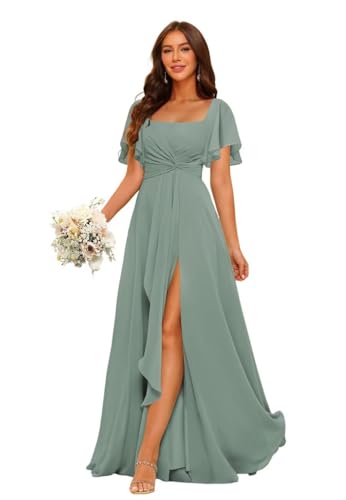 HUINI Damen Chiffon Brautjungfernkleid Lang mit Schlitz Elegant Ballkleid Festliche Partykleid Salbeigrün 40 HUINI Damen Chiffon Brautjungfernkleid Lang mit Schlitz Elegant Ballkleid Festliche Partykleid Salbeigrün 40 von HUINI