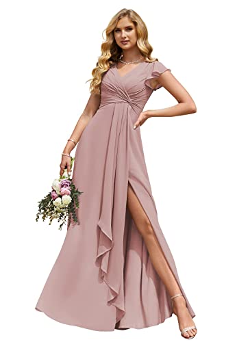 HUINI Damen Chiffon Brautjungfernkleider V-Ausschnitt Rüschenärmel Formell Abendkleid mit Schlitz Lang Hochzeitsgast Kleid Altrosa 46 von HUINI