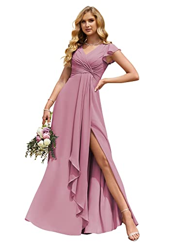 HUINI Damen Chiffon Brautjungfernkleider V-Ausschnitt Rüschenärmel Formell Abendkleid mit Schlitz Lang Hochzeitsgast Kleid Baby pink 44 von HUINI