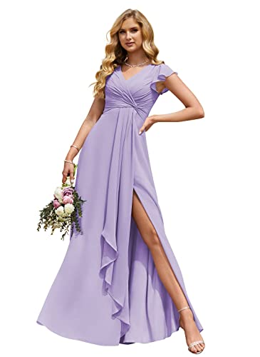 HUINI Damen Chiffon Brautjungfernkleider V-Ausschnitt Rüschenärmel Formell Abendkleid mit Schlitz Lang Hochzeitsgast Kleid Lila 46 von HUINI