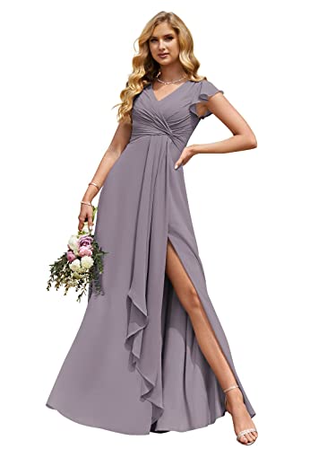 HUINI Damen Chiffon Brautjungfernkleider V-Ausschnitt Rüschenärmel Formell Abendkleid mit Schlitz Lang Hochzeitsgast Kleid Mauve 36 von HUINI