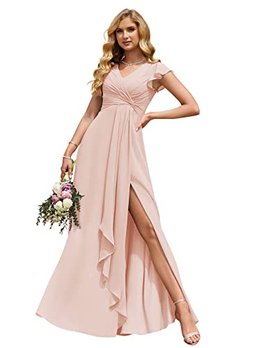 HUINI Damen Chiffon Brautjungfernkleider V-Ausschnitt Rüschenärmel Formell Abendkleid mit Schlitz Lang Hochzeitsgast Kleid Rosa 46 von HUINI