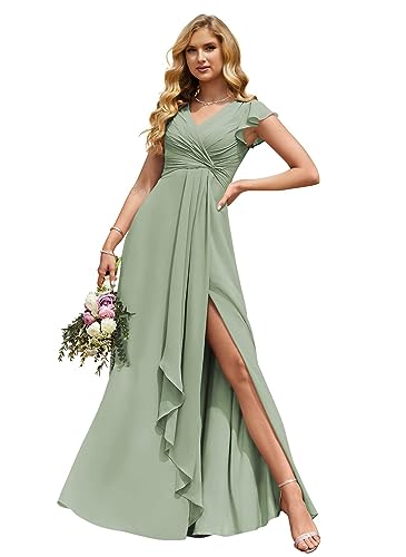 HUINI Damen Chiffon Brautjungfernkleider V-Ausschnitt Rüschenärmel Formell Abendkleid mit Schlitz Lang Hochzeitsgast Kleid Salbei 52 von HUINI