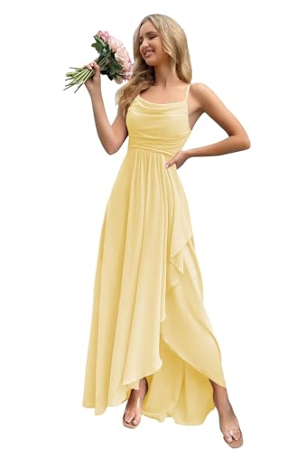 HUINI Damen Chiffon Brautjungfernkleider für Hochzeit Lang Formales Abendkleid mit Schlitz Hell-gelb 32 von HUINI