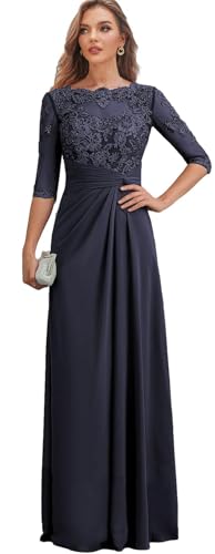 HUINI Damen Chiffon Brautmutterkleider Lange Abendkleider Elegant für Hochzeit Spitze Langes Abendkleid mit Ärmeln Korsett Abendkleid Marineblau 40 von HUINI