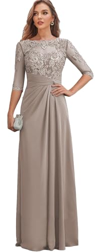 HUINI Damen Chiffon Brautmutterkleider Lange Abendkleider Elegant für Hochzeit Spitze Langes Abendkleid mit Ärmeln Korsett Abendkleid Taupe 42 von HUINI