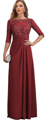 HUINI Damen Chiffon Brautmutterkleider Lange Abendkleider Elegant für Hochzeit Spitze Langes Abendkleid mit Ärmeln Korsett Abendkleid Weinrot 40 von HUINI