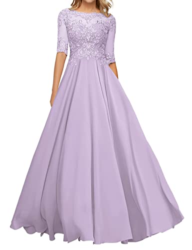 HUINI Damen Chiffon Spitze Perlen Mutter des Bräutigams Kleider Mit Ärmeln Lange Formale Partykleider Lila 42 HUINI Damen Chiffon Spitze Perlen Mutter des Bräutigams Kleider Mit Ärmeln Lange Formale Partykleider Lila 42 von HUINI