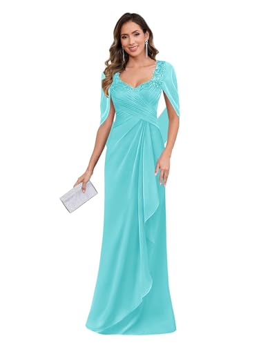 HUINI Damen Elegant Abendkleid Lang Chiffon Meerjungfrau Brautmutterkleid für Hochzeit für Mollige Türkis 56 von HUINI