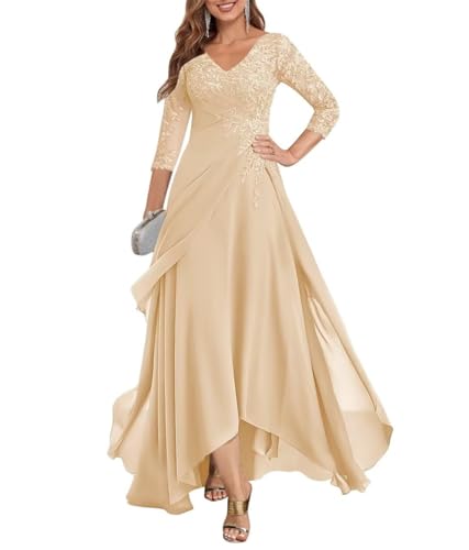 HUINI Damen Elegant Abendkleid Lang V-Ausschnitt Chiffon Spitzen Mutter des Bräutigams Kleid Champagner 44 von HUINI