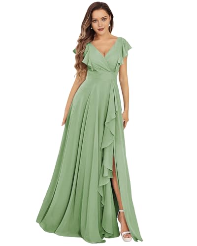 HUINI Damen Elegant Abendkleid für Hochzeit Chiffon A-Linie Brautjungfernkleider Lang Große Größen Grasgrün 54 von HUINI