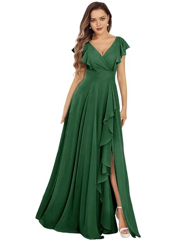 HUINI Damen Elegant Abendkleid für Hochzeit Chiffon A-Linie Brautjungfernkleider Lang Große Größen Smaragd 40 von HUINI
