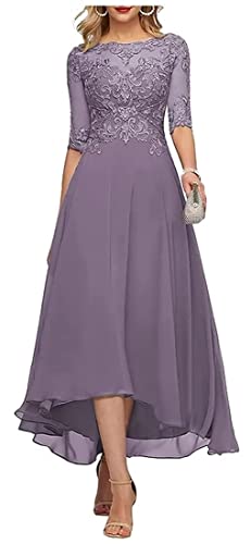 HUINI Damen High-Low Abendkleid Elegant Spitzen Hochzeit Partykleider mit Ärmel Große Größen Brautmutterkleider Mauve 42 von HUINI