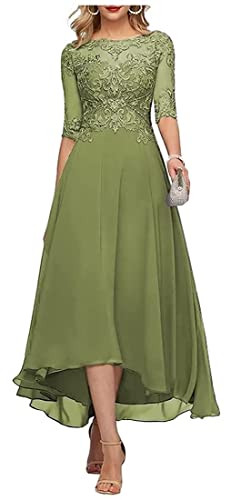 HUINI Damen High-Low Abendkleid Elegant Spitzen Hochzeit Partykleider mit Ärmel Große Größen Brautmutterkleider Oliv 42 von HUINI