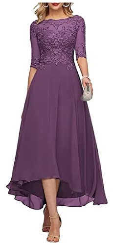 HUINI Damen High-Low Abendkleid Elegant Spitzen Hochzeit Partykleider mit Ärmel Große Größen Brautmutterkleider Traube 56 von HUINI