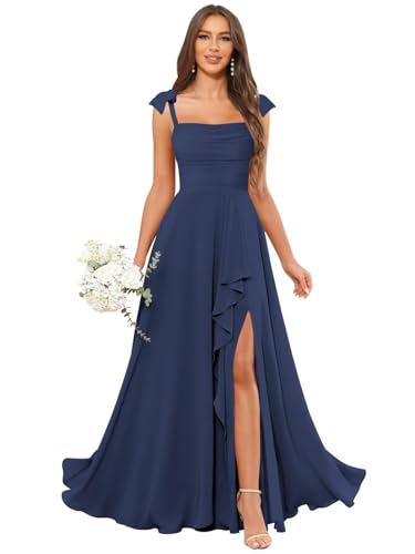HUINI Damen Hochzeit Brautjungfernkleid Lang Rüschen Elegant Hochzeitsgast Kleid mit Schlitz Navy 48 von HUINI