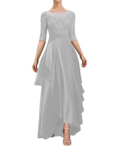 HUINI Damen Hochzeitsgast Kleid Lang Chiffon Abendkleid mit Ärmel Brautmutterkleid Große Größen Silber 36 von HUINI