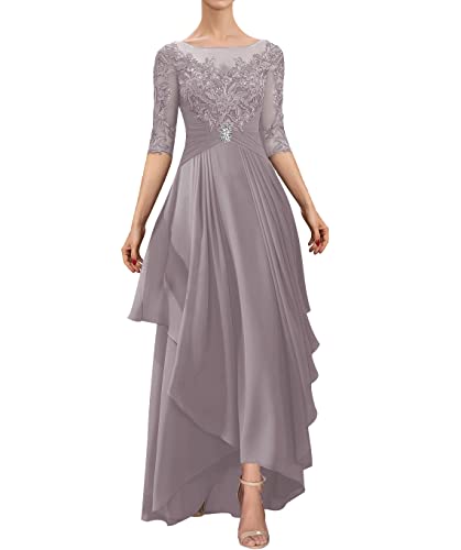 HUINI Damen Hochzeitsgast Kleid Lang Spitzen Ballkleid Elegant für Hochzeit Brautmutterkleid mit Ärmel Große Größen Mauve 44 von HUINI