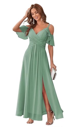 HUINI Damen Kalter Schulterärml Chiffon Brautjungfernkleid Lang V-Ausschnitt Abendkleid mit Schlitz Rückenfrei Partykleid Dunkel Salbei 50 von HUINI