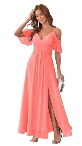 HUINI Damen Kalter Schulterärml Chiffon Brautjungfernkleid Lang V-Ausschnitt Abendkleid mit Schlitz Rückenfrei Partykleid Koralle 50 von HUINI