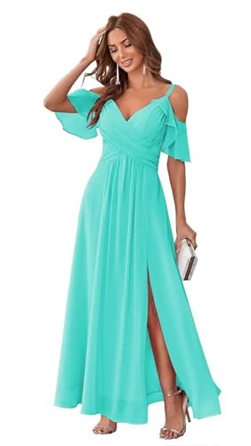 HUINI Damen Kalter Schulterärml Chiffon Brautjungfernkleid Lang V-Ausschnitt Abendkleid mit Schlitz Rückenfrei Partykleid Türkis 36 von HUINI