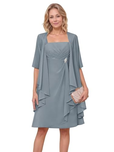 HUINI Damen Kurz Brautmutterkleid Chiffon Kurzarm Schlicht Hochzeit Partykleid Große Größen Grau-blau 40 von HUINI