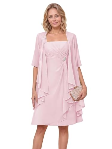 HUINI Damen Kurz Brautmutterkleid Chiffon Kurzarm Schlicht Hochzeit Partykleid Große Größen Rosa 40 von HUINI