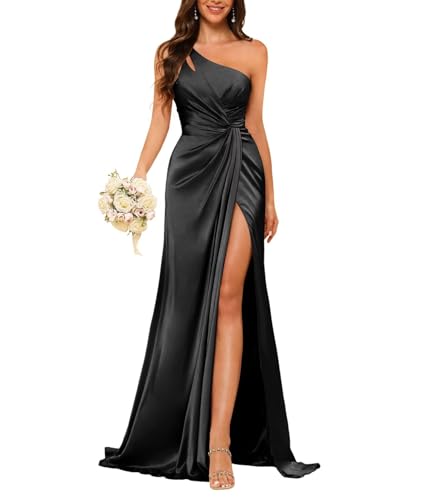 HUINI Damen Lang Abendkleid EIN-Schulter Schlicht Satin Hochzeit Partykleid mit Schlitz Schwarz 54 von HUINI