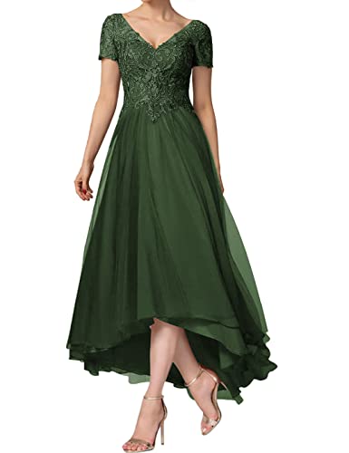 HUINI Damen Lang Abendkleid Elegant Chiffon Ballkleid mit Ärmel V-Ausschnitt Brautmutterkleid für Hochzeit Dunkel grün 40 von HUINI