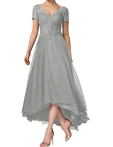 HUINI Damen Lang Abendkleid Elegant Chiffon Ballkleid mit Ärmel V-Ausschnitt Brautmutterkleid für Hochzeit Silber 40 von HUINI