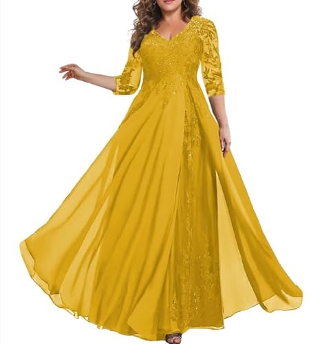 HUINI Damen Lang Abendkleid für Hochzeit Chiffon Formal Hochzeitsgast Kleid Große Größen Dunkelgelb 52 von HUINI