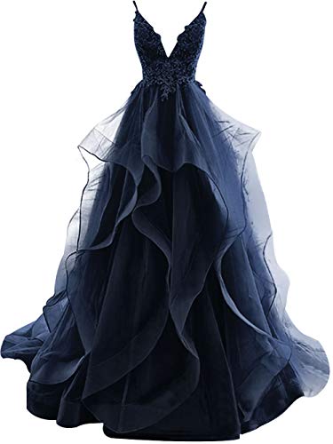 HUINI Damen Lang Ballkleid Abendkleider Tüll V-Ausschnitt Quinceanera Kleider Prinzessin Hochzeitskleider Rückenfrei Tintenblau 38 von HUINI