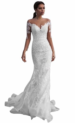 HUINI Damen Lang Brautkleid Spitze Boho Hochzeitskleid Standesamt A-Linie Trauung Maxikleid für Braut Elfenbein 38 von HUINI