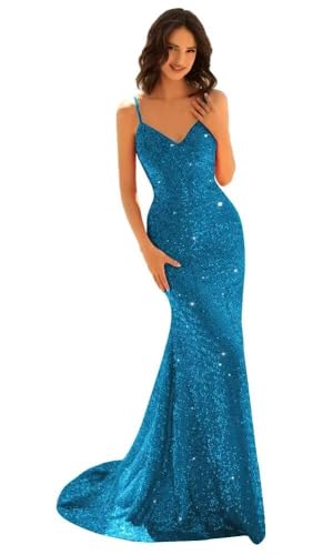 HUINI Damen Meerjungfrau Ballkleid Lang Paillettenkleid 2025 Glitzer Abschlussballkleid für Mädchen Rückenfrei Meerblau 36 von HUINI