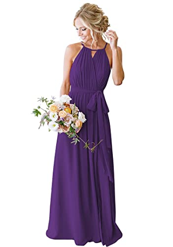 HUINI Damen Neckholder Ballkleid Lang Ärmellose Brautjungfernkleid Schlicht Chiffon Maxikleid mit Schlitz Violett 36 von HUINI