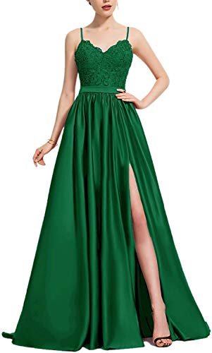 HUINI Damen Satin Abendkleider Lang Ballkleider A-Linie Hochzeit Brautjungfernkleider Spitzen Cocktail Festkleider Smaragdgrün 42 von HUINI