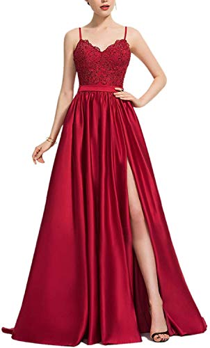 HUINI Damen Satin Abendkleider Lang Ballkleider A-Linie Hochzeit Brautjungfernkleider Spitzen Cocktail Festkleider Weinrot 42 von HUINI