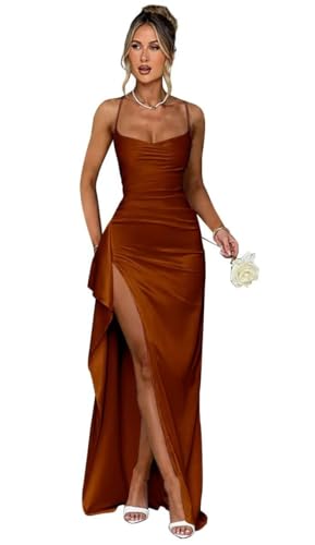 HUINI Damen Satin Ballkleider Lang mit Schlitz Meerjungfrau Hochzeitskleid Festliche Partykleid Karamel 38 von HUINI