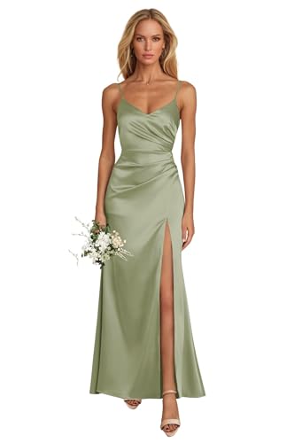 HUINI Damen Satin Brautjungfernkleid Lang Meerjungfrau Formales Hochzeitsgast Kleid für Mollige Hell-Salbei 44 von HUINI